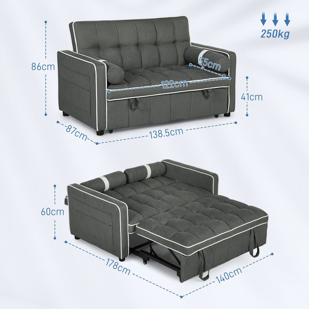 HOMCOM 2 Seater Pull Out Sofa Bed with Adjustable Backrest, Charcoal Grey