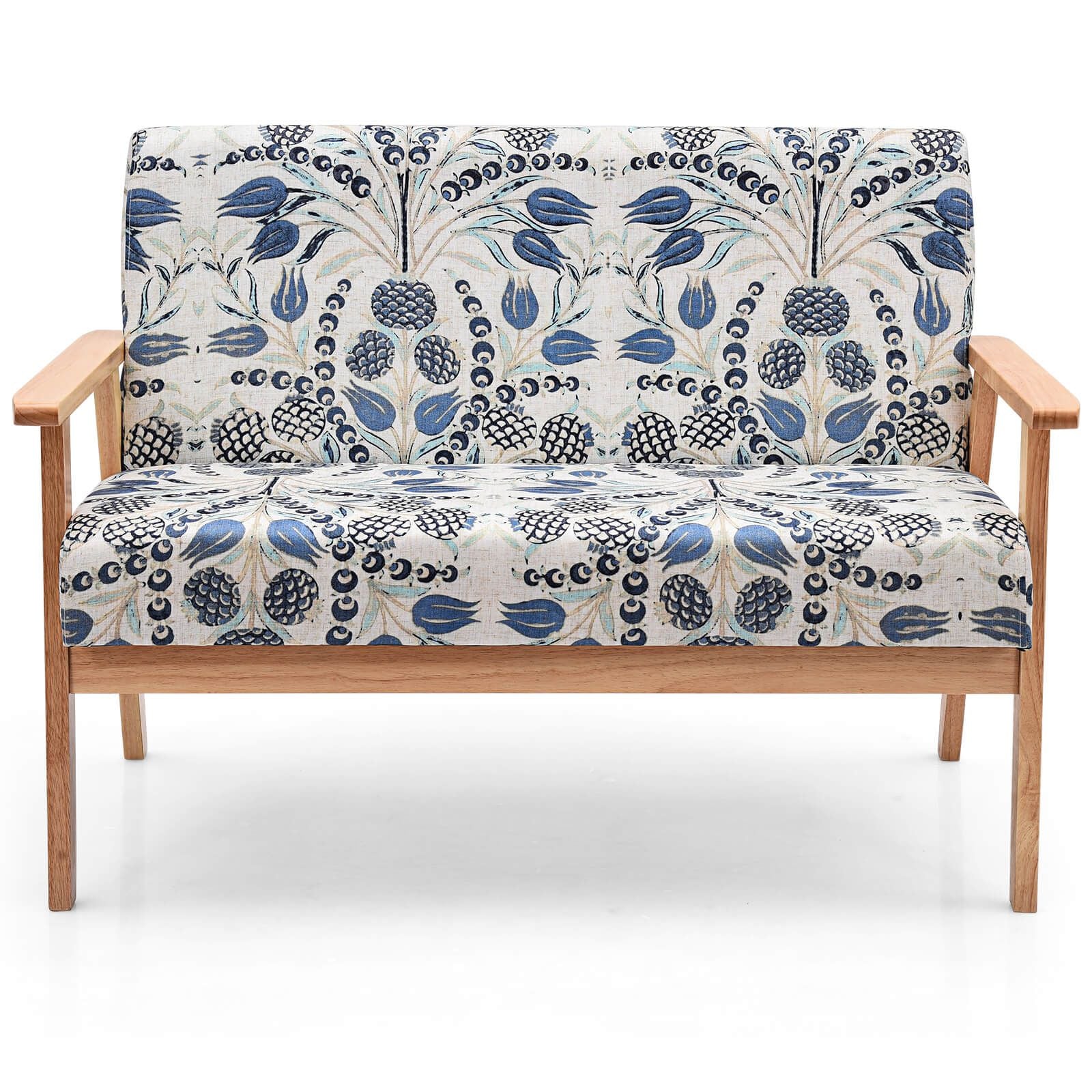 2-Seater Wooden Upholstered Loveseat with Rubber Wood Armrests