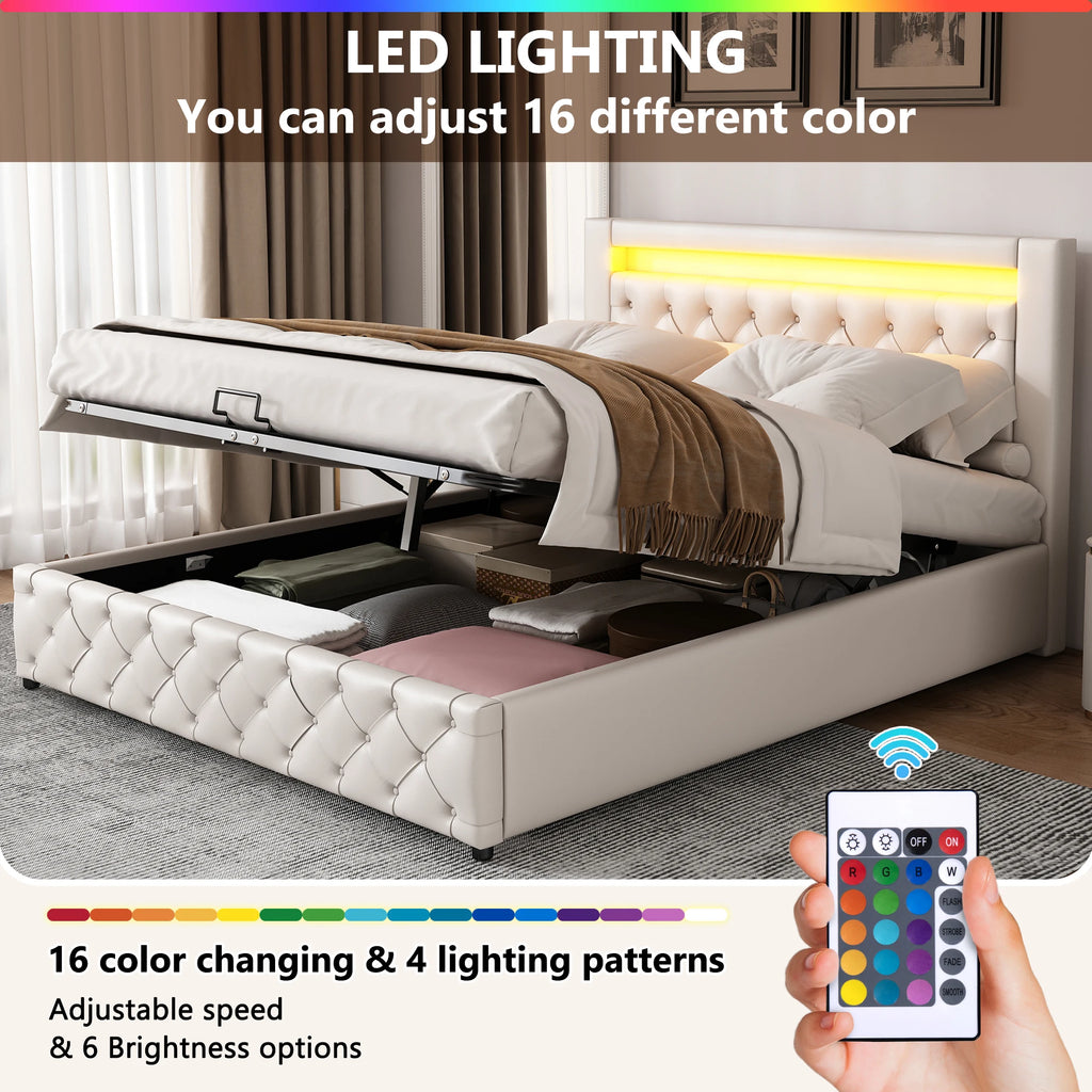 Upholstered Bed, Functional Bed with Slatted Frame and Storage Space LED Lighting in Different Colors PU