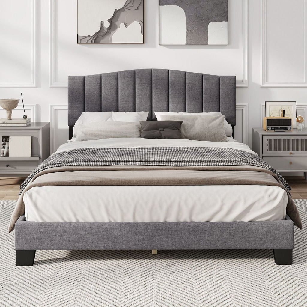 Modern Upholstered Bed Frame with Headboard and Wooden Slat Support