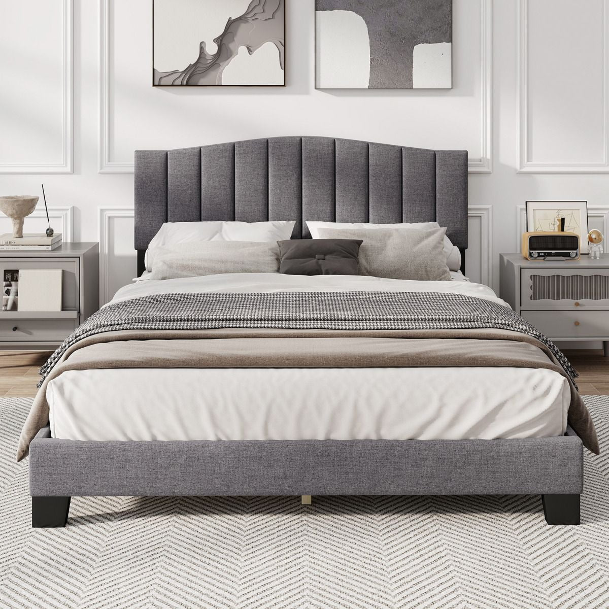 Modern Upholstered Bed Frame with Headboard and Wooden Slat Support