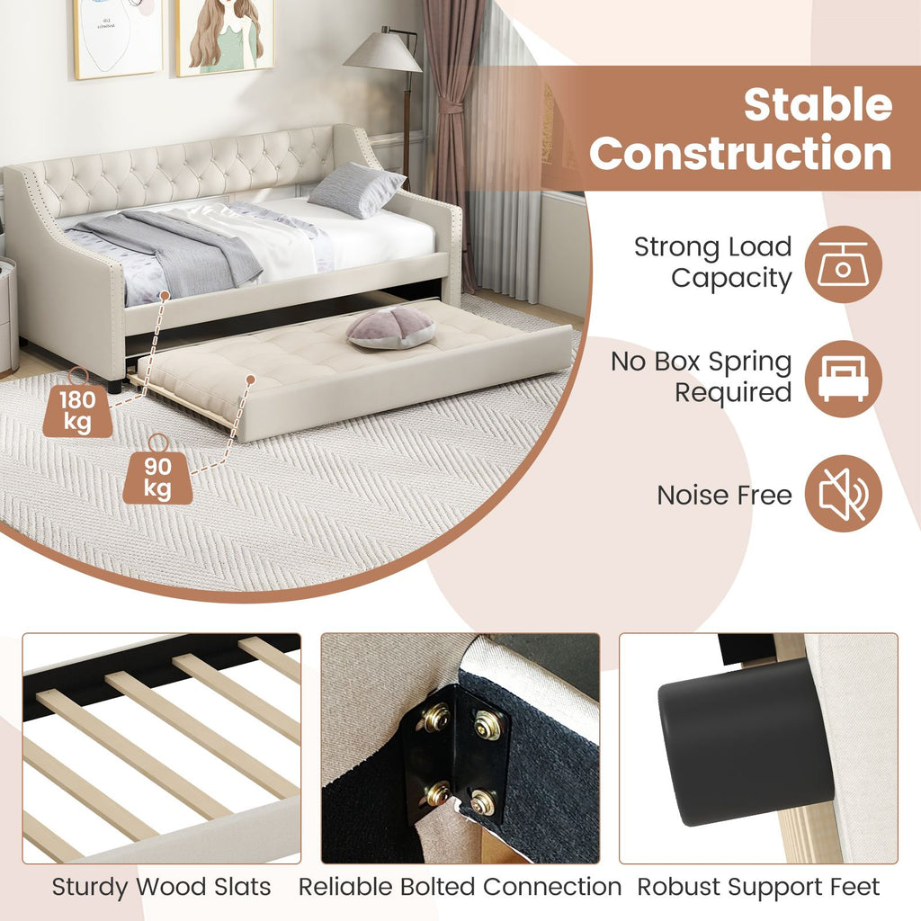 Single Size Trundle Bed Linen Upholstered Daybed with Backrest
