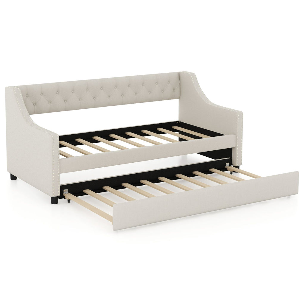Single Size Trundle Bed Linen Upholstered Daybed with Backrest