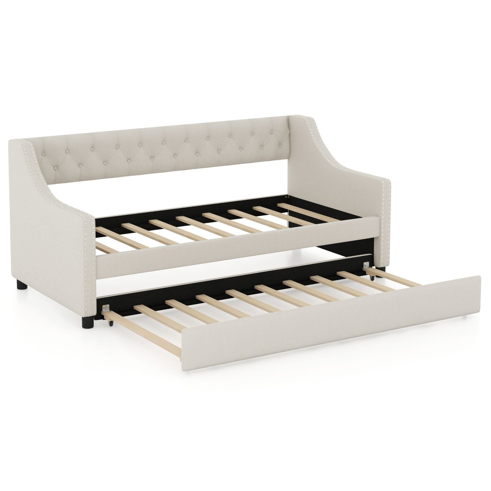 Single Size Trundle Bed Linen Upholstered Daybed with Backrest
