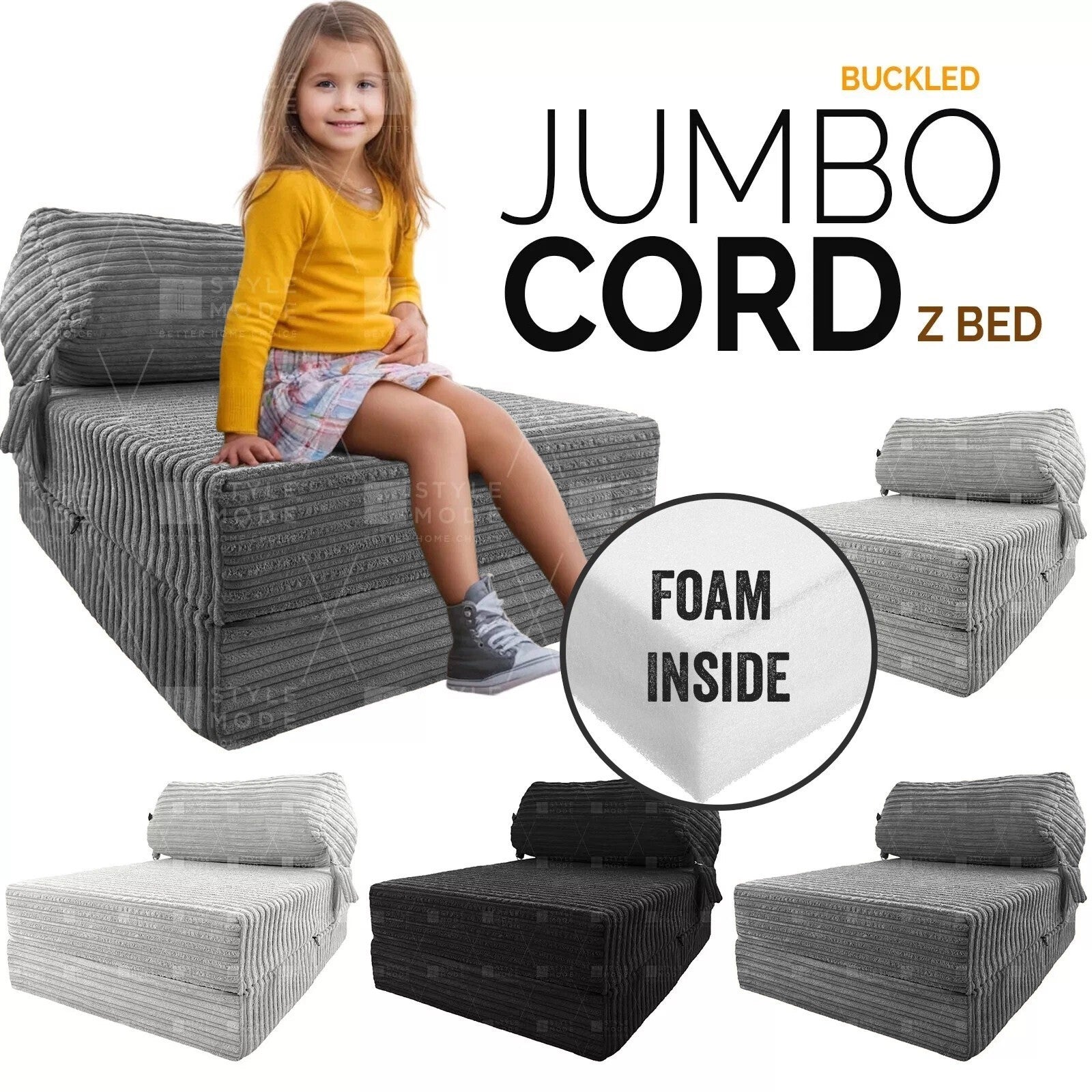 Single Chair Bed Sofa Z Bed Jumbo Cord Seat Foam Fold Out Guest Futon Kids