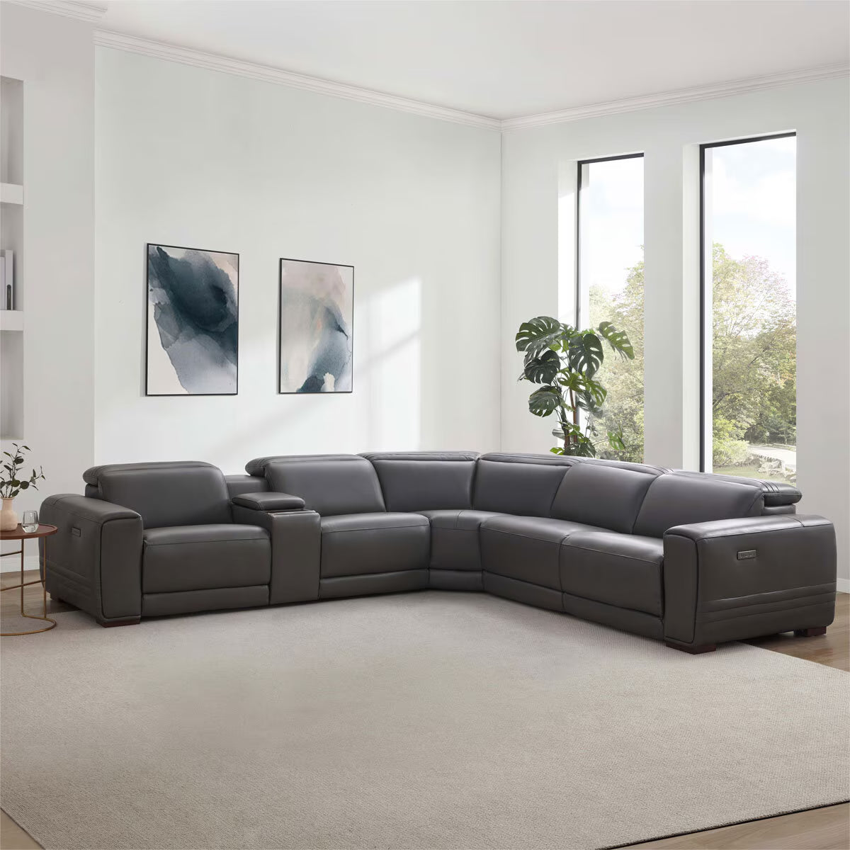 Karson Dark Grey Leather Power Reclining Sectional Sofa
