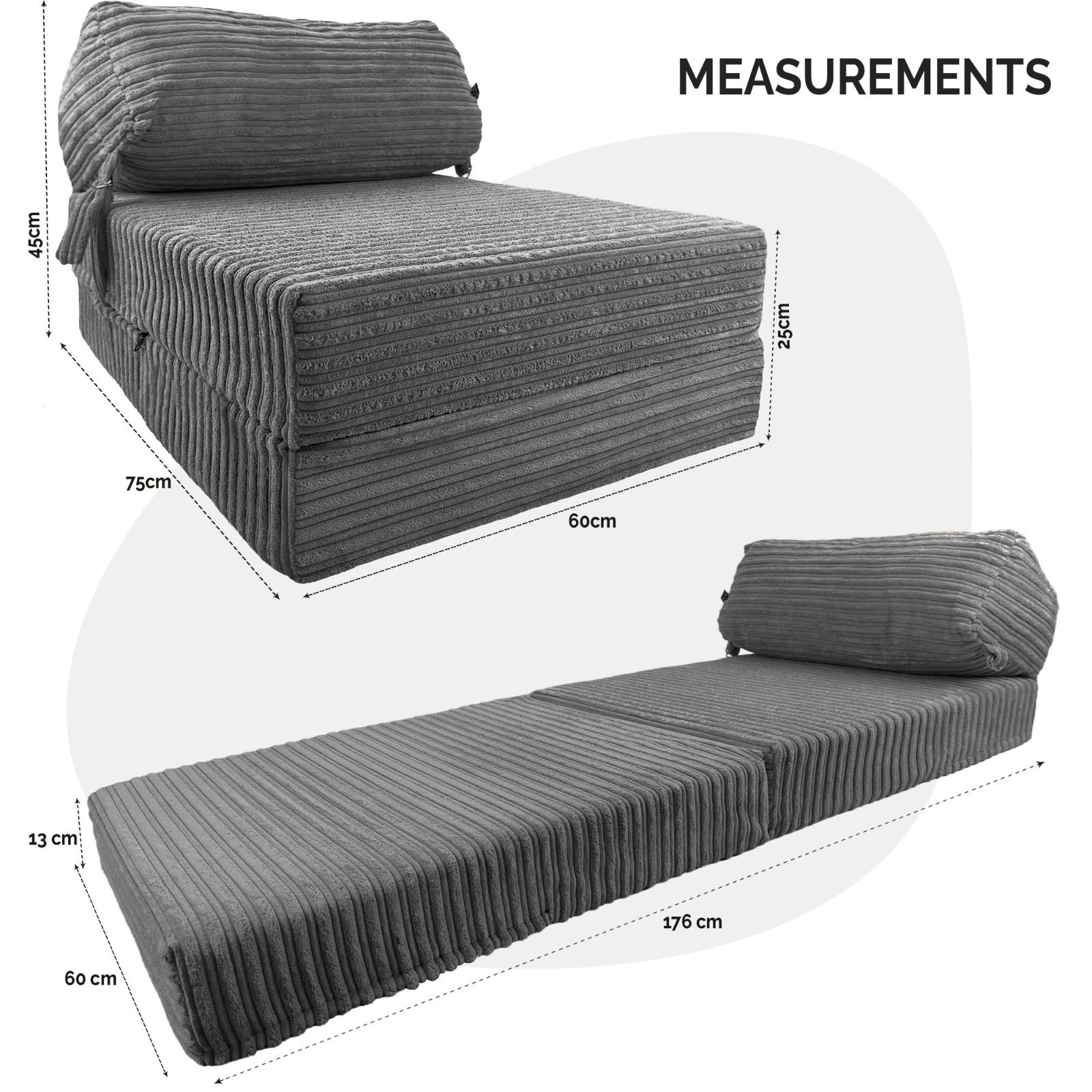 Single Chair Bed Sofa Z Bed Jumbo Cord Seat Foam Fold Out Guest Futon Kids