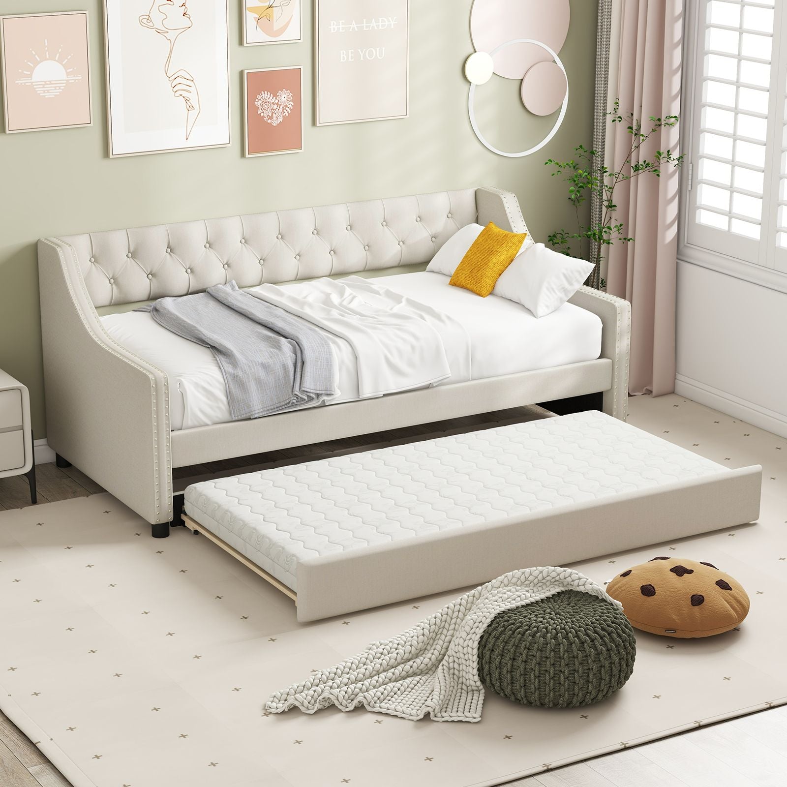 Single Size Trundle Bed Linen Upholstered Daybed with Backrest