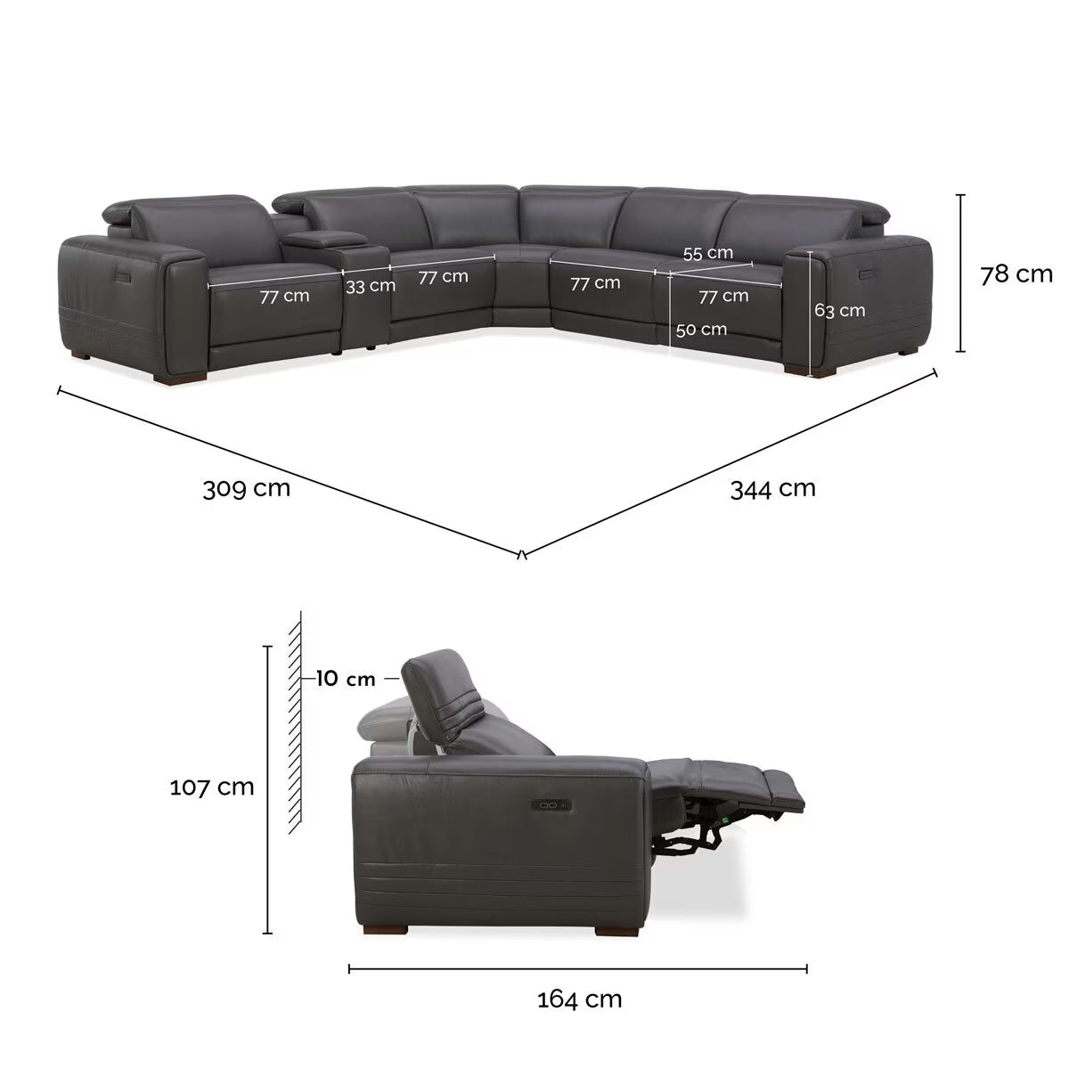 Karson Dark Grey Leather Power Reclining Sectional Sofa