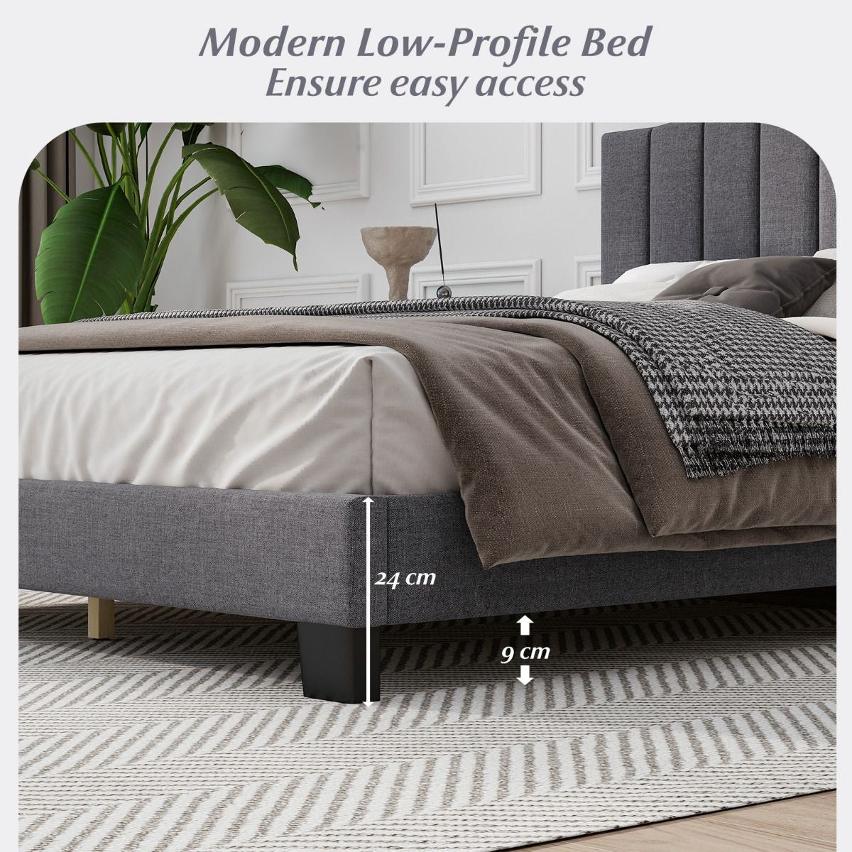 Modern Upholstered Bed Frame with Headboard and Wooden Slat Support