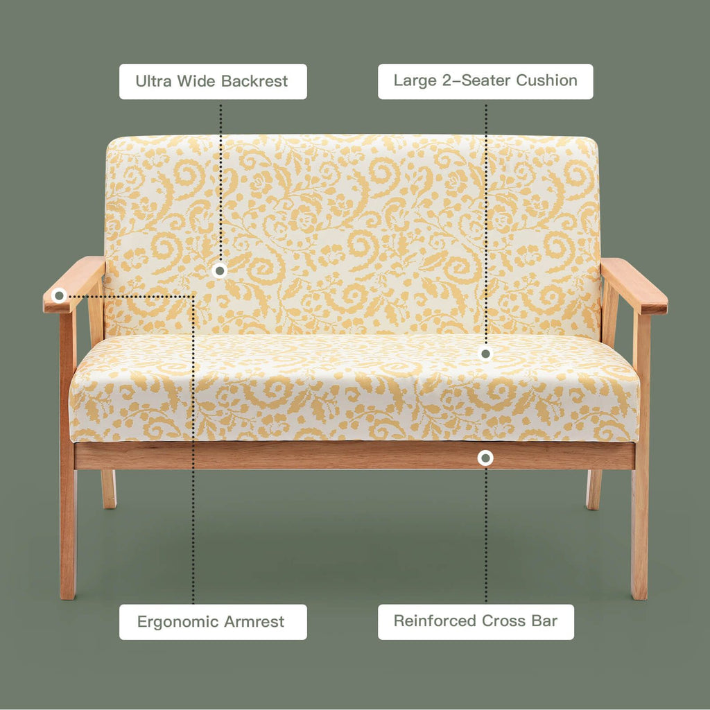 2-Seater Wooden Upholstered Loveseat with Rubber Wood Armrests
