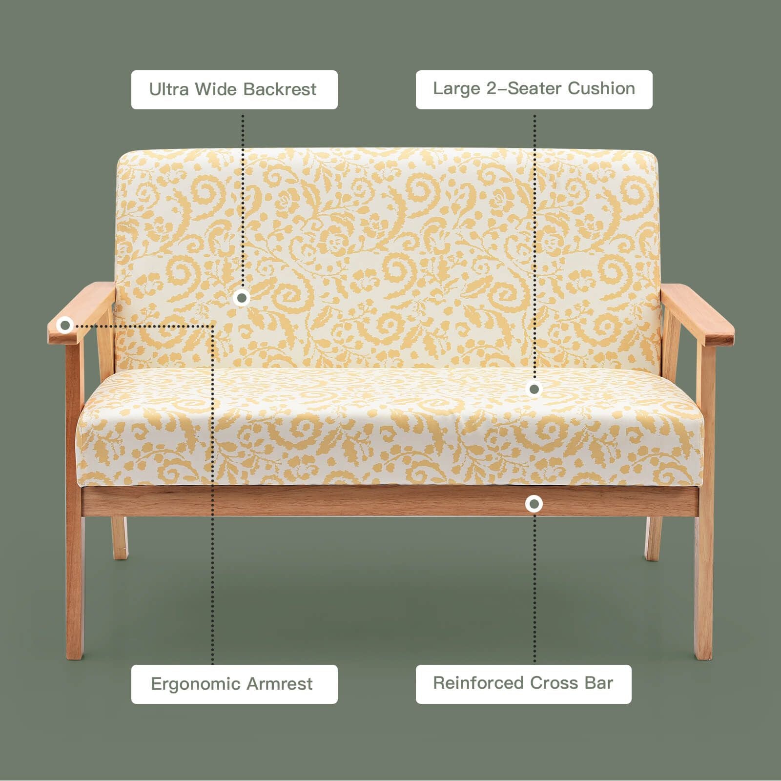 2-Seater Wooden Upholstered Loveseat with Rubber Wood Armrests