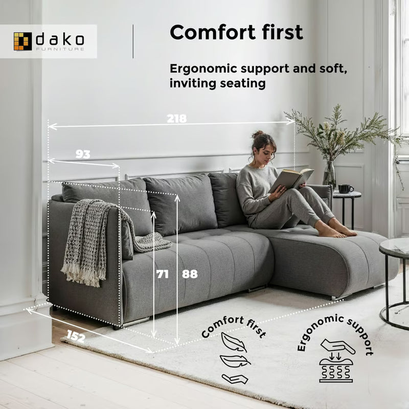 Corner Sofa Bed NESSA Reversible Chaise Lounge, Storage DAKO®