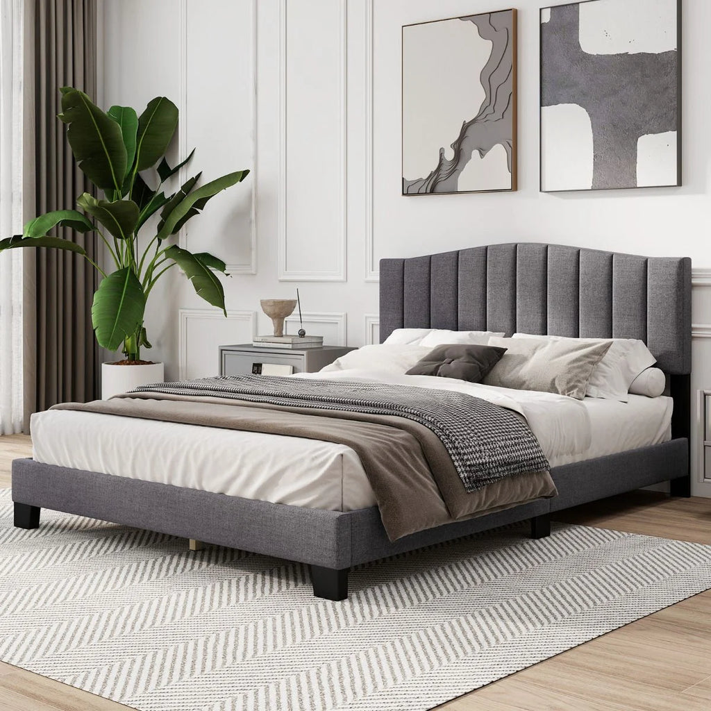 Modern Upholstered Bed Frame with Headboard and Wooden Slat Support