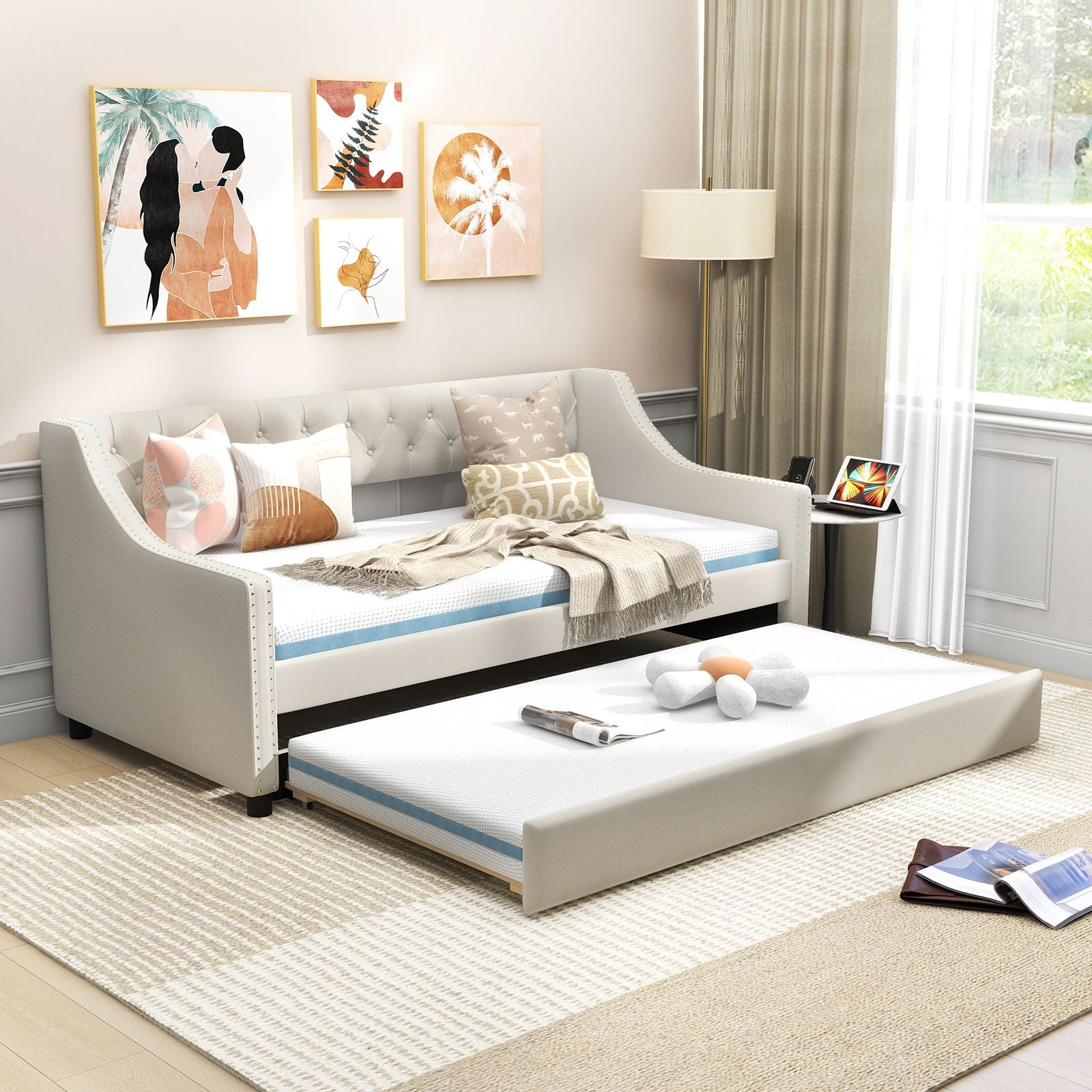 Single Size Trundle Bed Linen Upholstered Daybed with Backrest