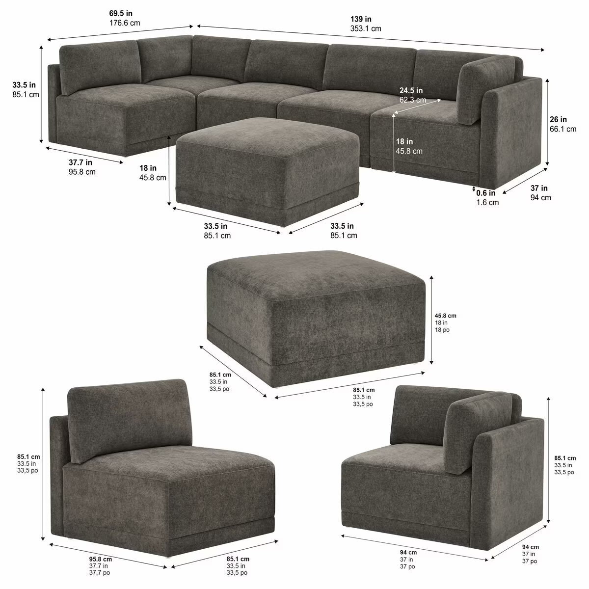 Fallon Grey 6 Piece Modular Fabric Sofa