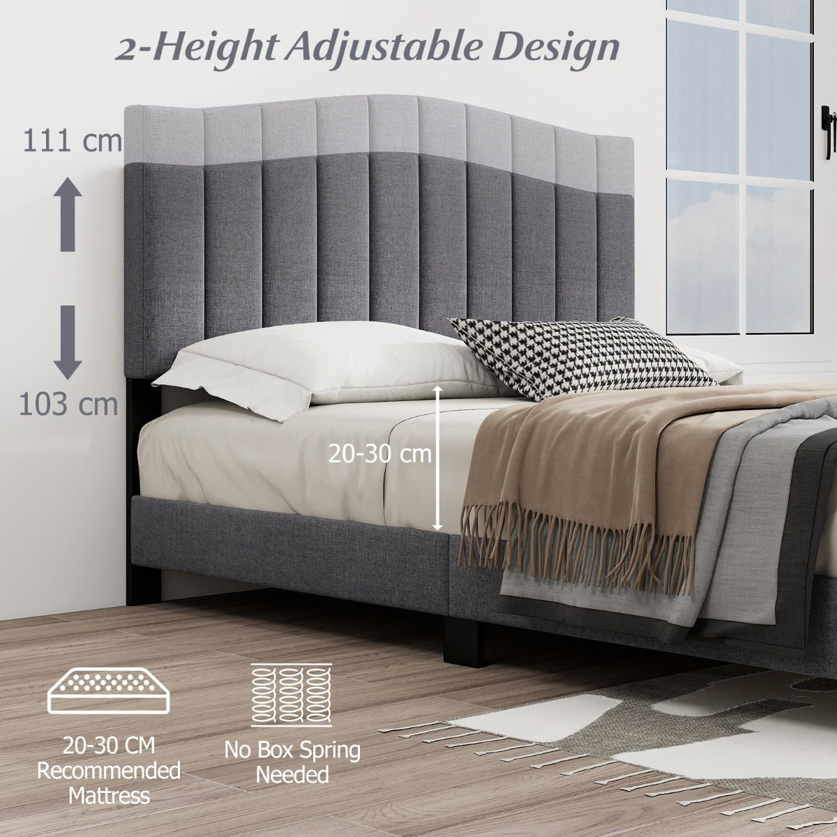 Modern Upholstered Bed Frame with Headboard and Wooden Slat Support
