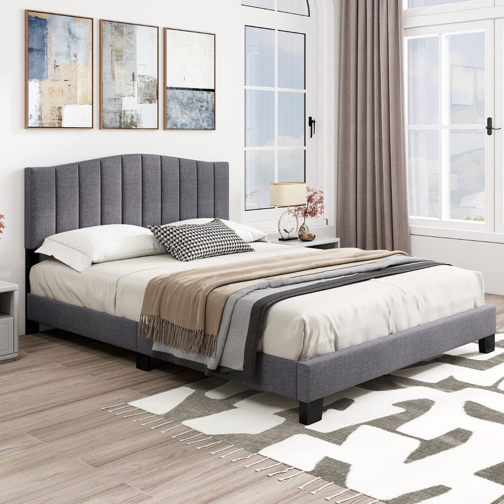 Modern Upholstered Bed Frame with Headboard and Wooden Slat Support