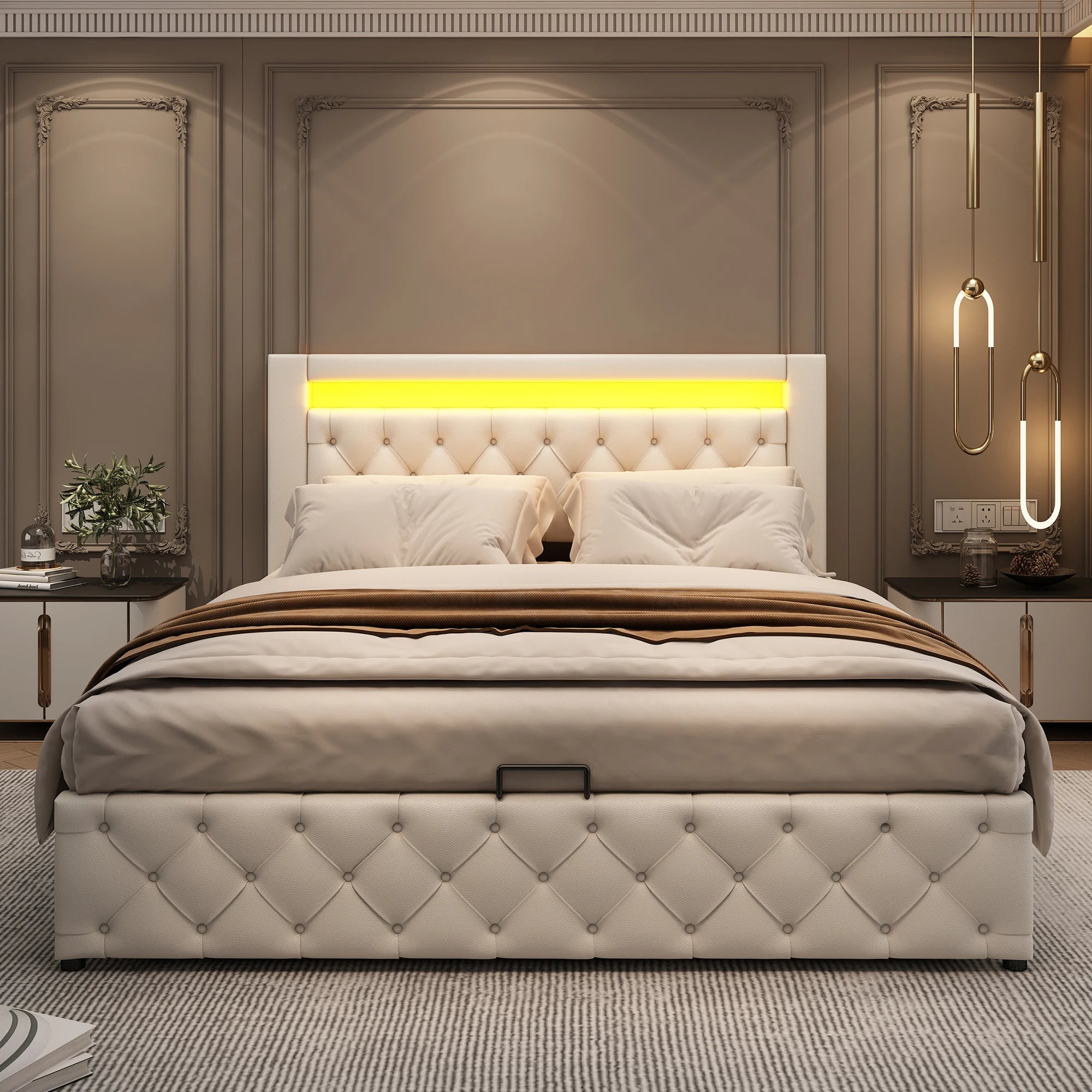 Upholstered Bed, Functional Bed with Slatted Frame and Storage Space LED Lighting in Different Colors PU