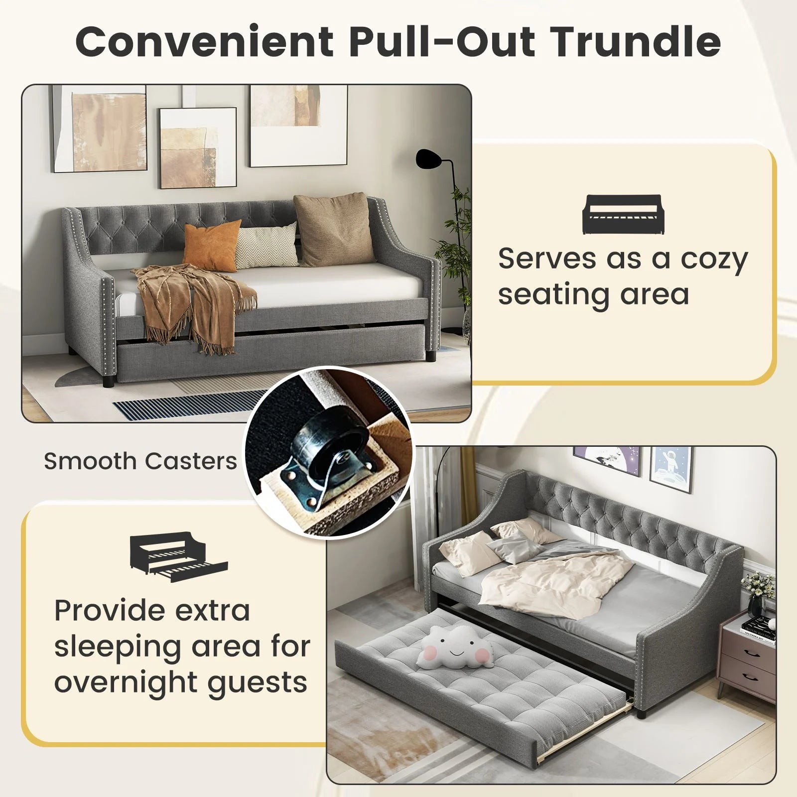 Single Size Trundle Bed Linen Upholstered Daybed with Backrest