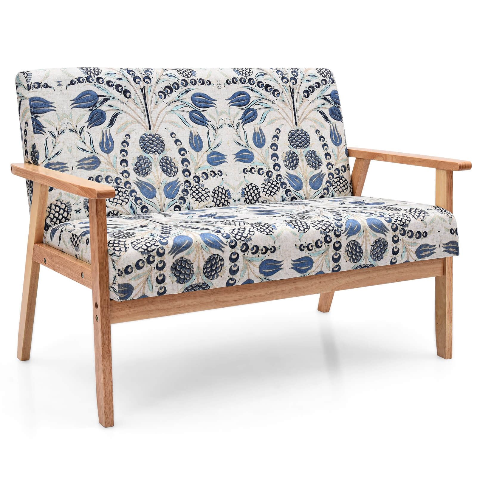 2-Seater Wooden Upholstered Loveseat with Rubber Wood Armrests