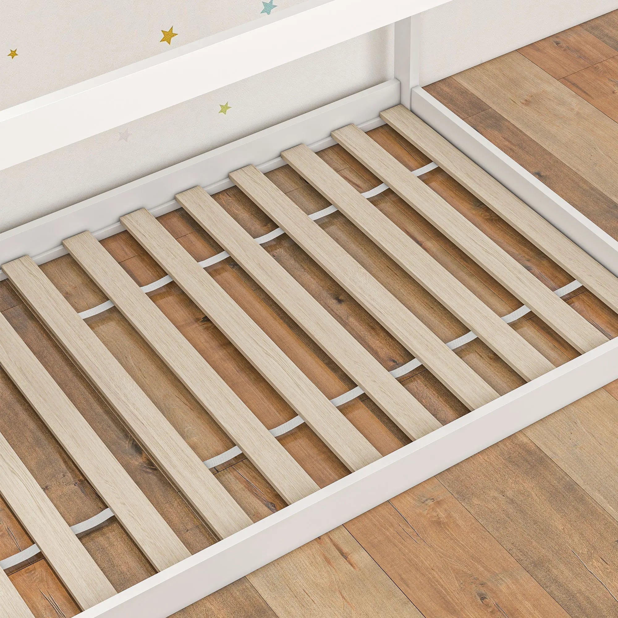 Wooden Single Bed Frame with Tree House Style, White