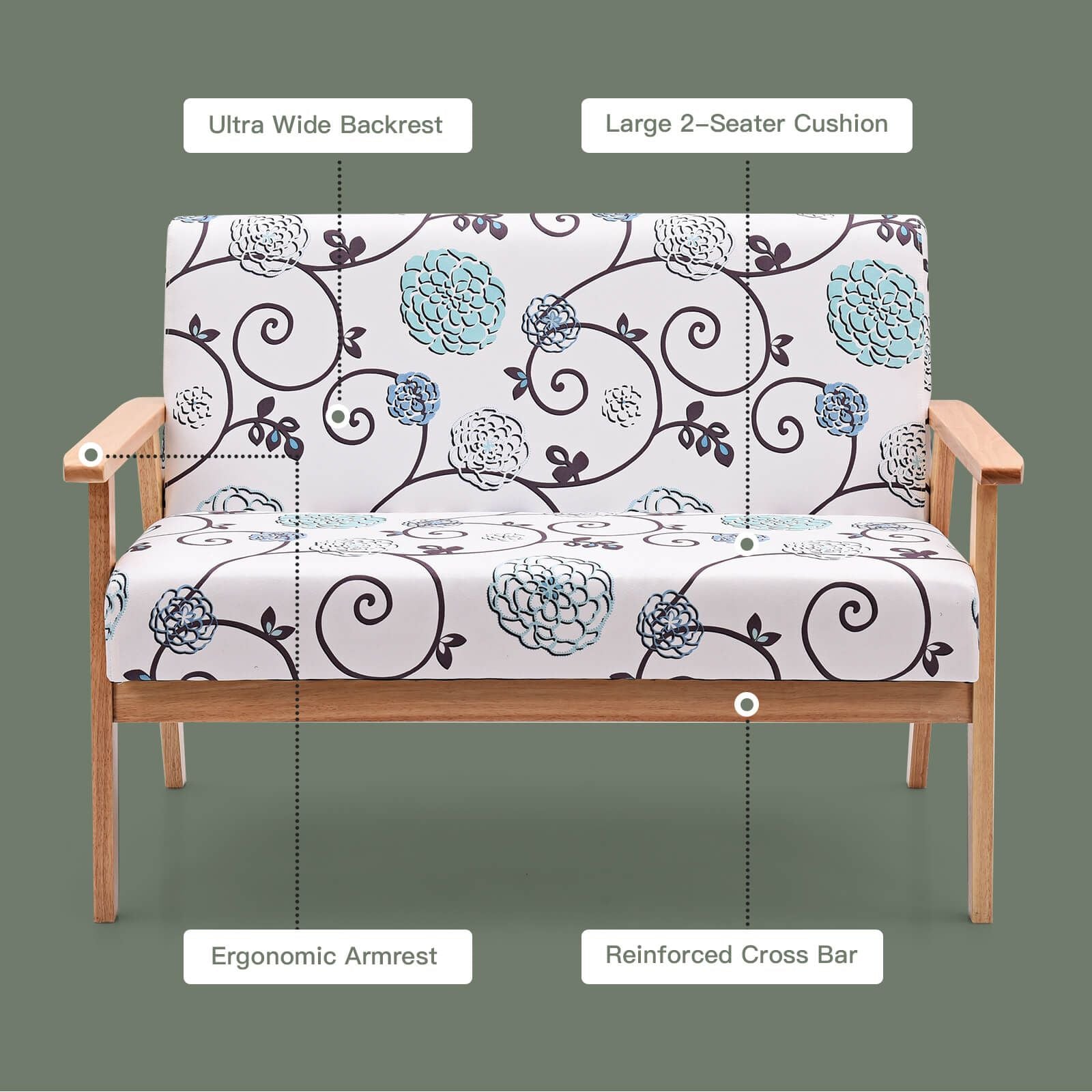 2-Seater Wooden Upholstered Loveseat with Rubber Wood Armrests