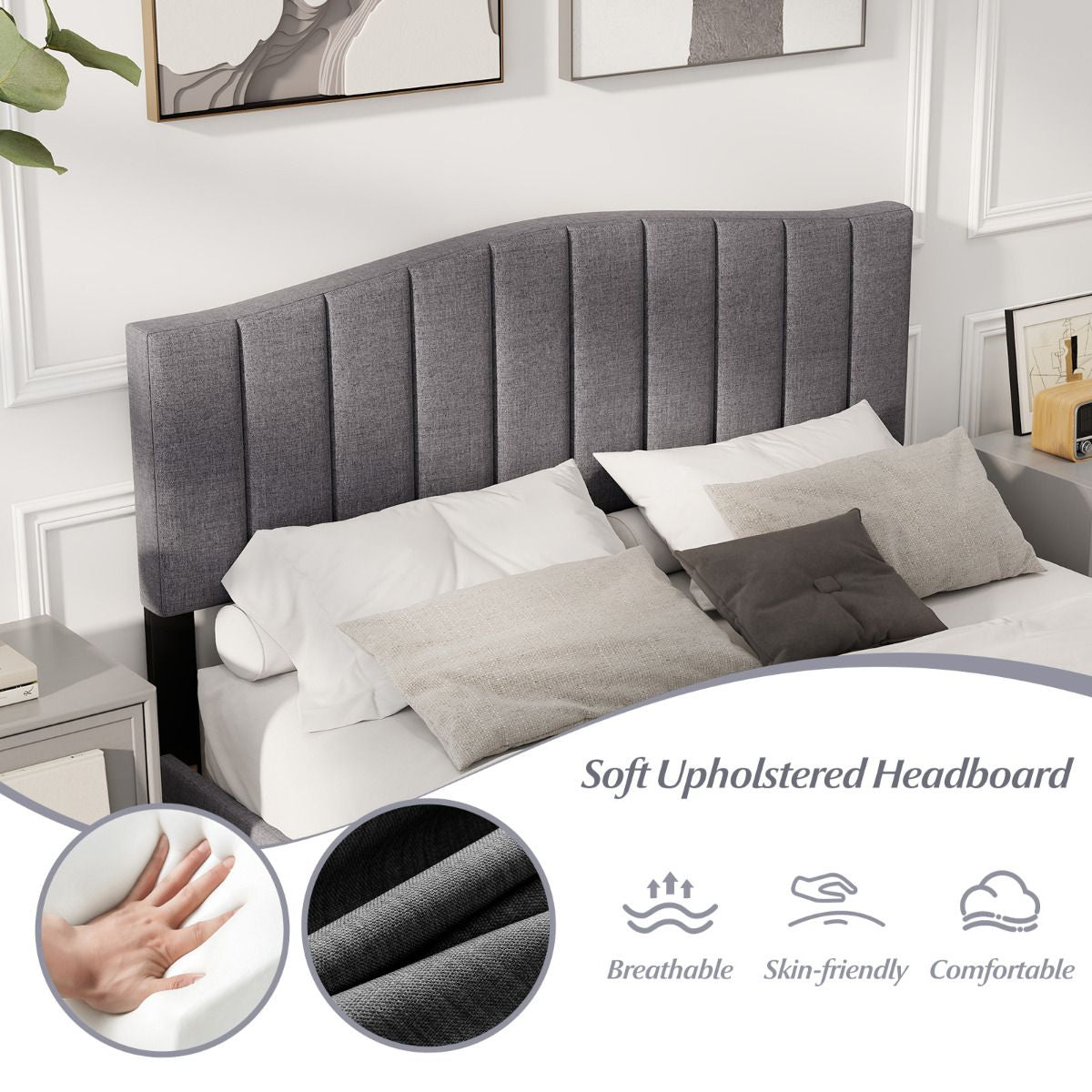 Modern Upholstered Bed Frame with Headboard and Wooden Slat Support