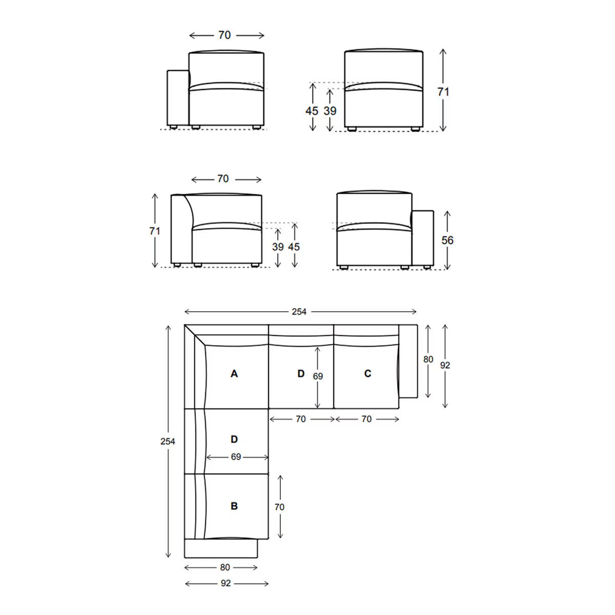 Model 03 Light Grey Linen 5 Piece Modular Sofa