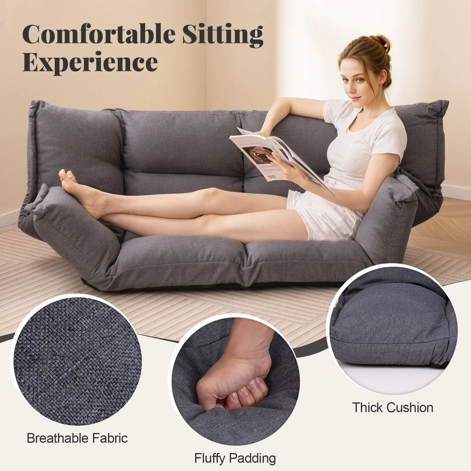 Floor Sofa Chair with 5-Postion Adjustable Backrest and Armrests