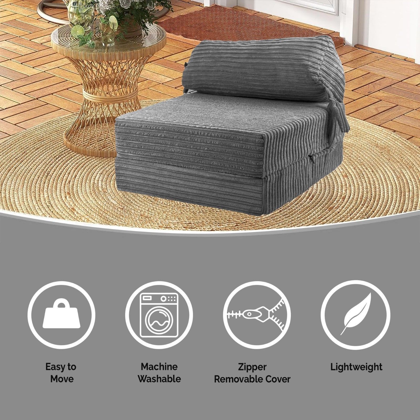 Single Chair Bed Sofa Z Bed Jumbo Cord Seat Foam Fold Out Guest Futon Kids