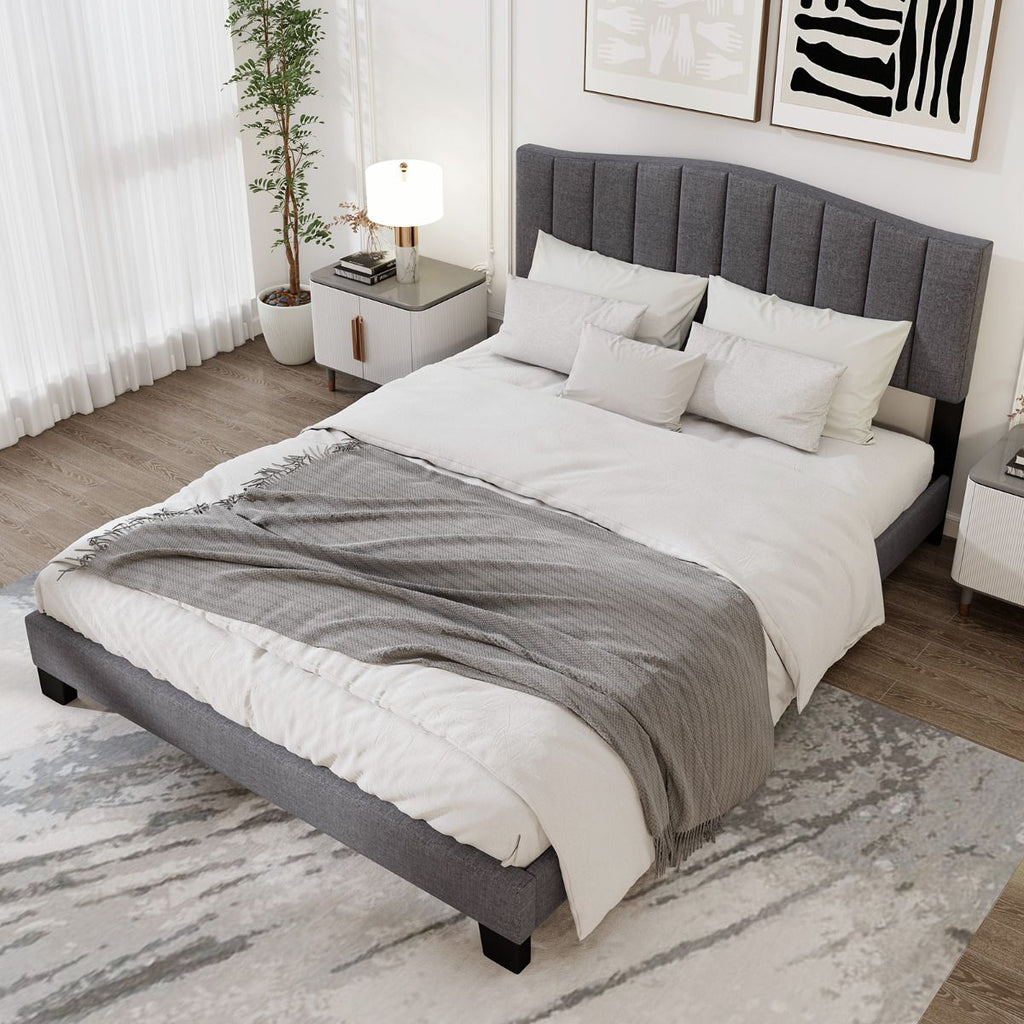 Modern Upholstered Bed Frame with Headboard and Wooden Slat Support