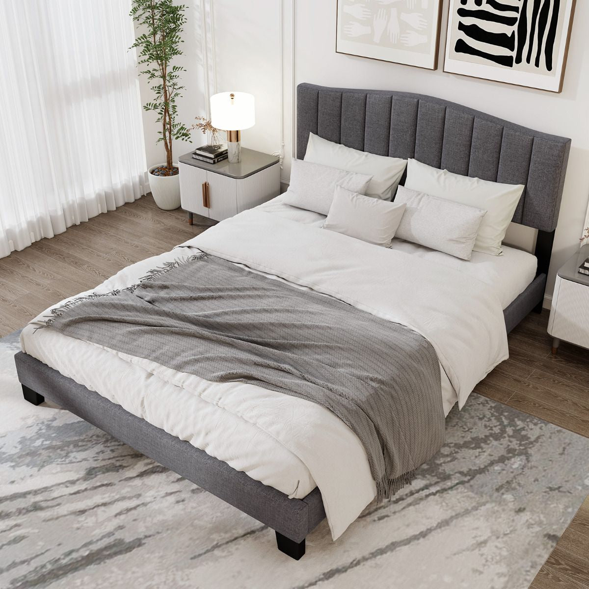 Modern Upholstered Bed Frame with Headboard and Wooden Slat Support