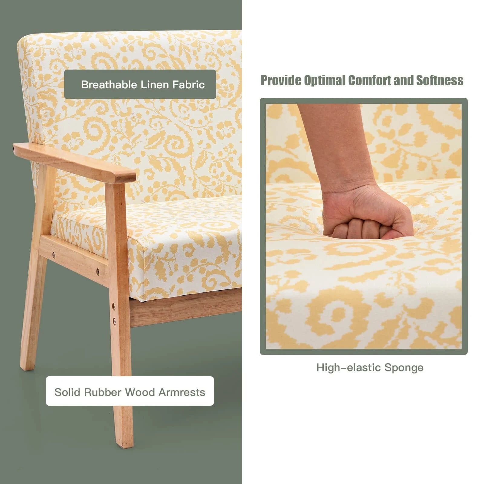 2-Seater Wooden Upholstered Loveseat with Rubber Wood Armrests
