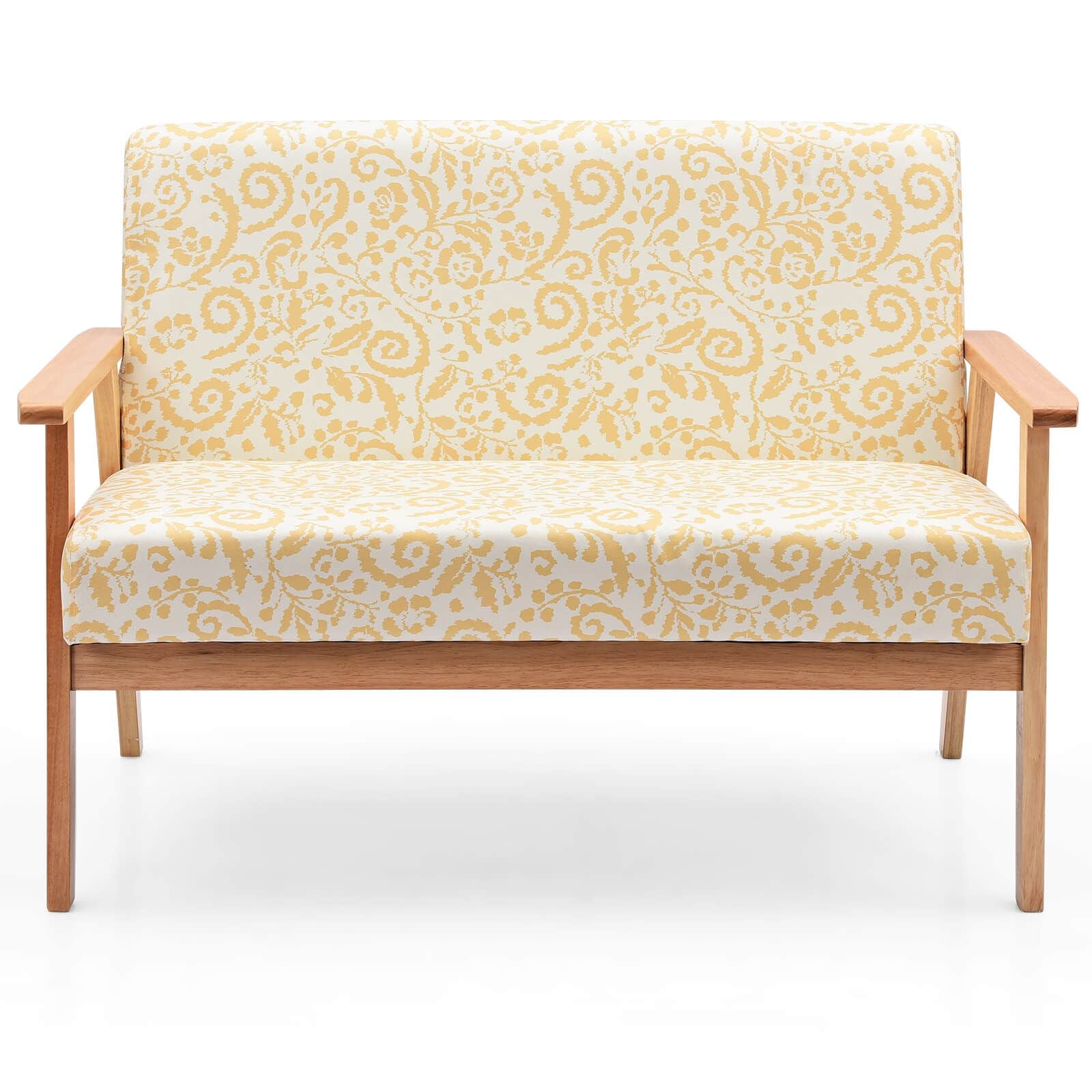 2-Seater Wooden Upholstered Loveseat with Rubber Wood Armrests