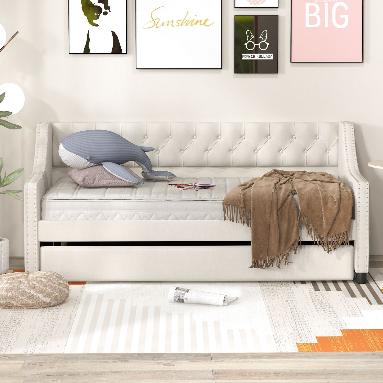Single Size Trundle Bed Linen Upholstered Daybed with Backrest