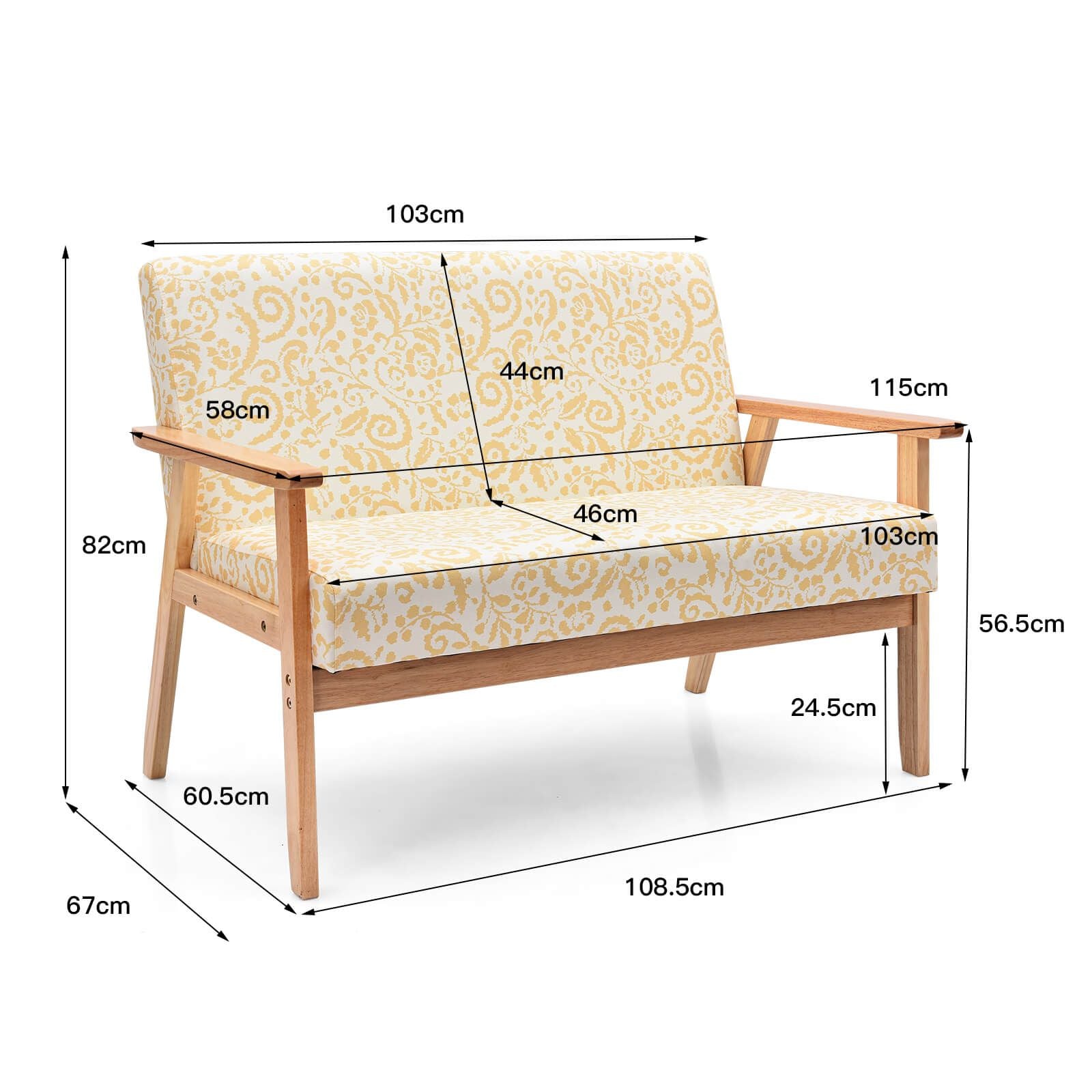 2-Seater Wooden Upholstered Loveseat with Rubber Wood Armrests