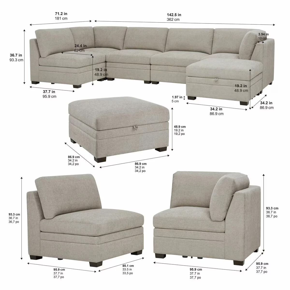 Tisdale Taupe 6 Piece Modular Fabric Sofa