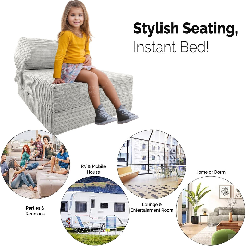 Single Chair Bed Sofa Z Bed Jumbo Cord Seat Foam Fold Out Guest Futon Kids