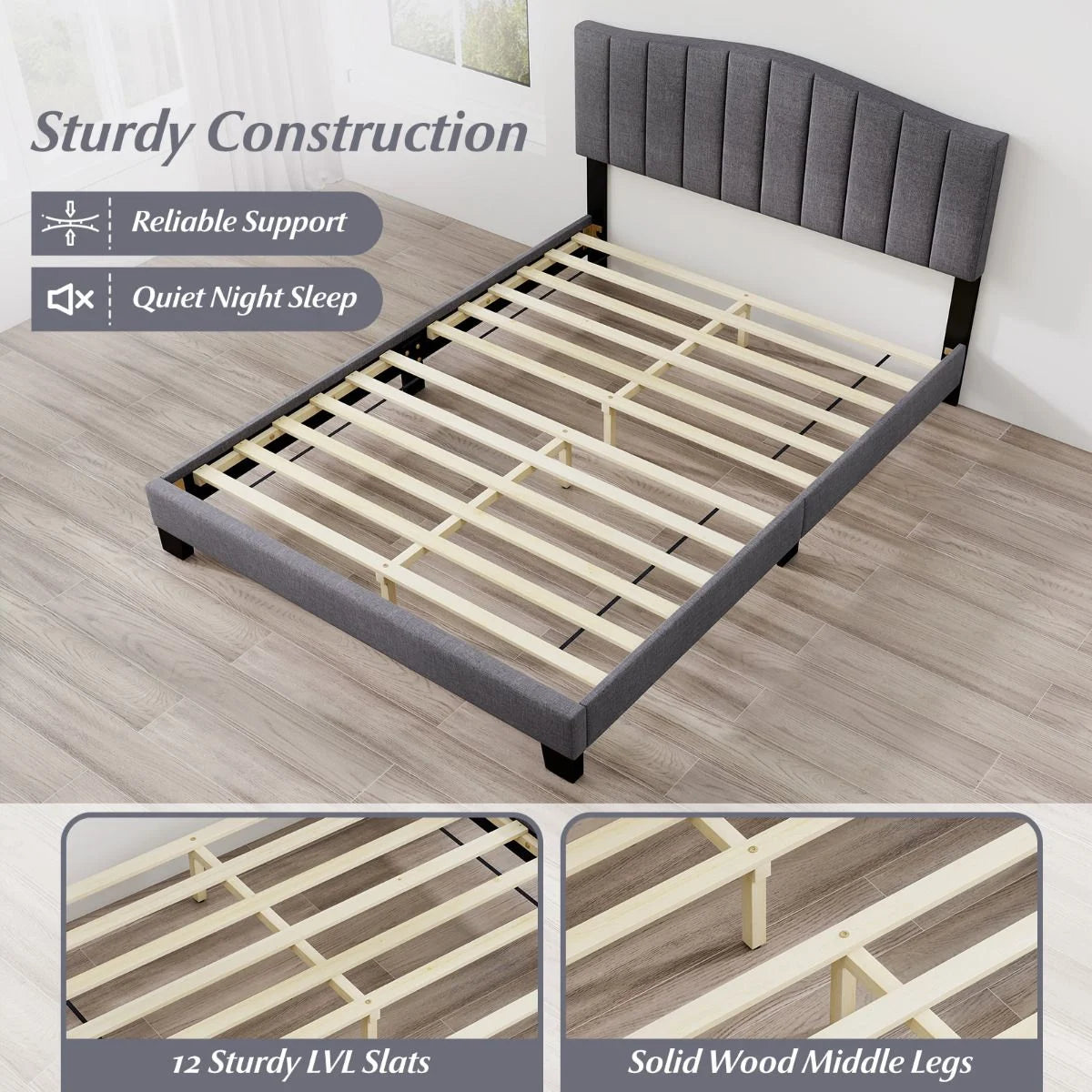Modern Upholstered Bed Frame with Headboard and Wooden Slat Support