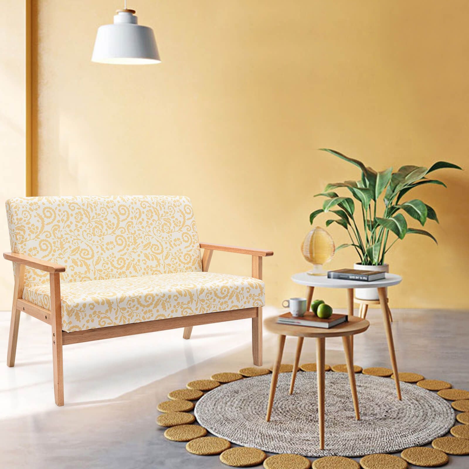 2-Seater Wooden Upholstered Loveseat with Rubber Wood Armrests