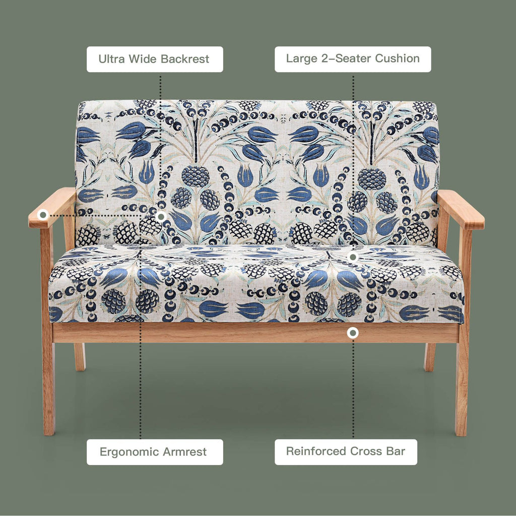 2-Seater Wooden Upholstered Loveseat with Rubber Wood Armrests