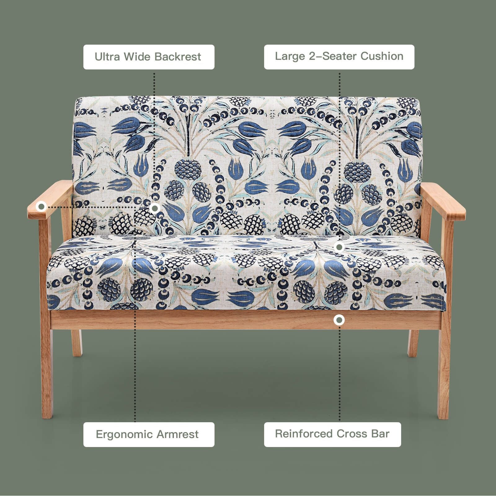 2-Seater Wooden Upholstered Loveseat with Rubber Wood Armrests